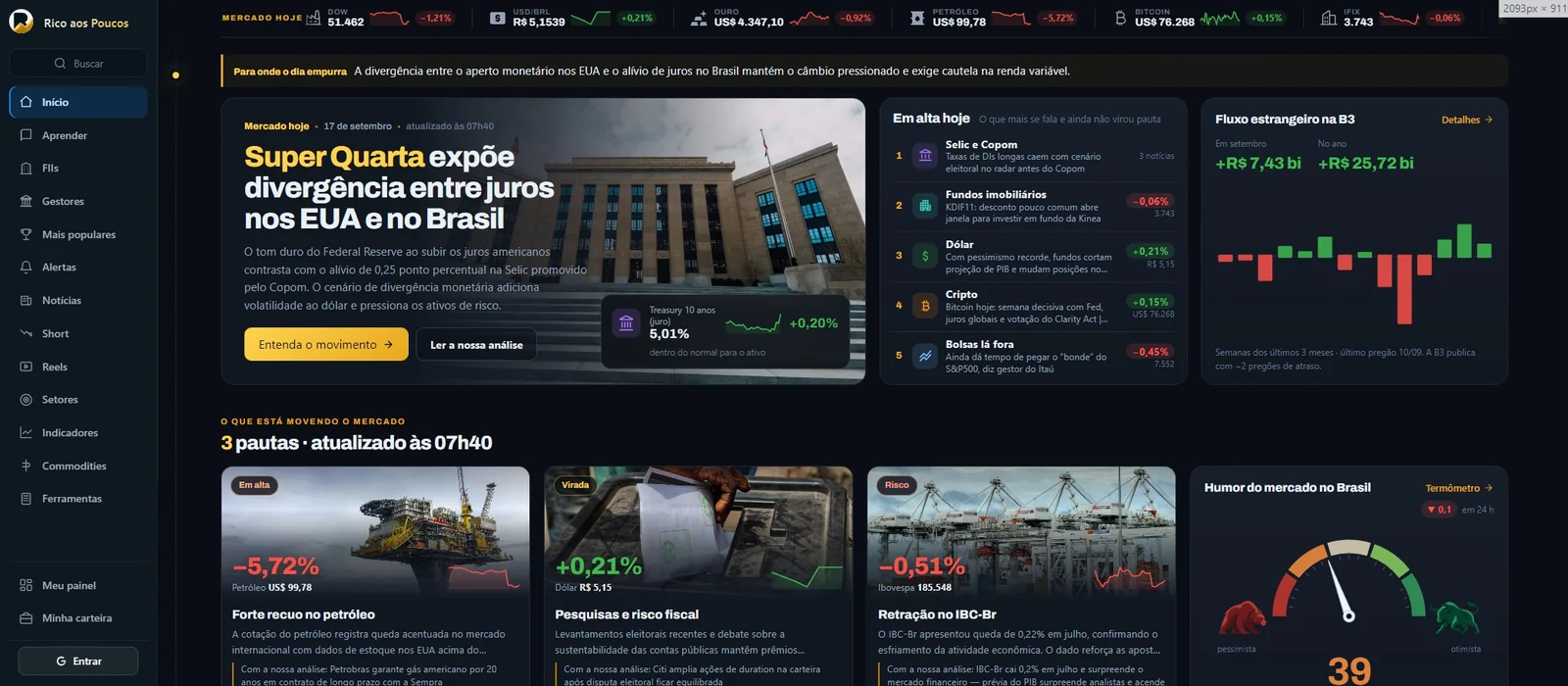 Rico aos Poucos new homepage featuring Market Today, Trending Today, foreign capital flow, and market sentiment